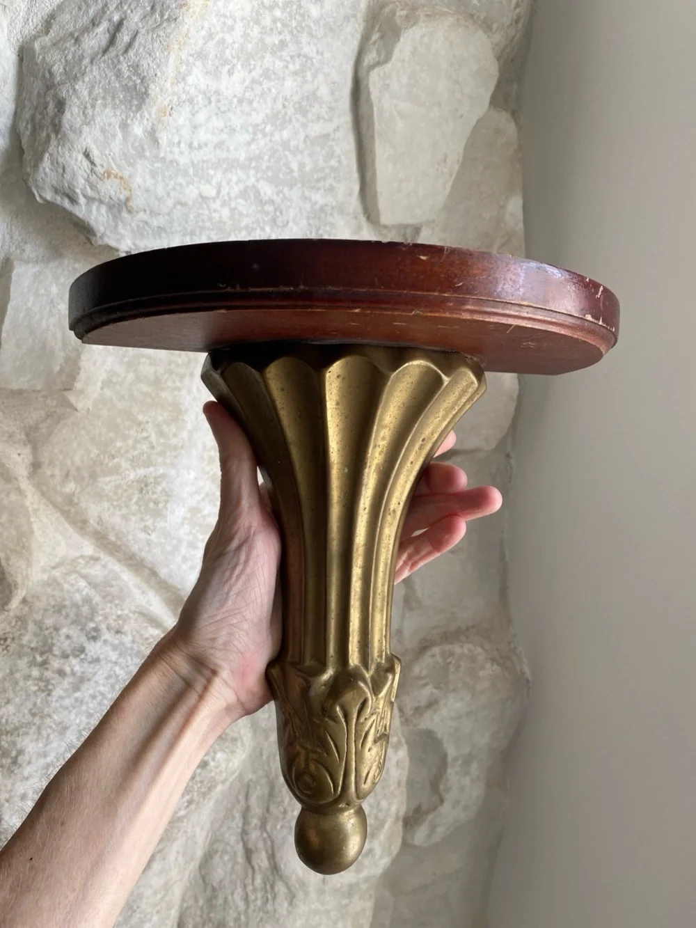 Vintage Antique Brass & Mahogany Wall Shelf